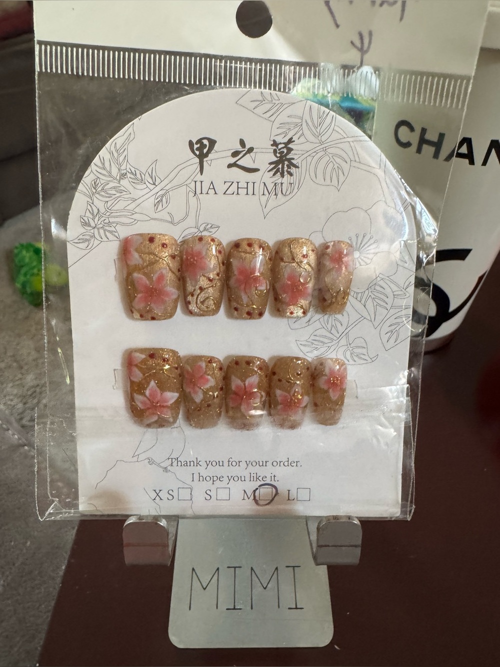 NEW Gold Glitter Pink Floral Press On Nails 3D Flower Glam Set (Short Squoval)